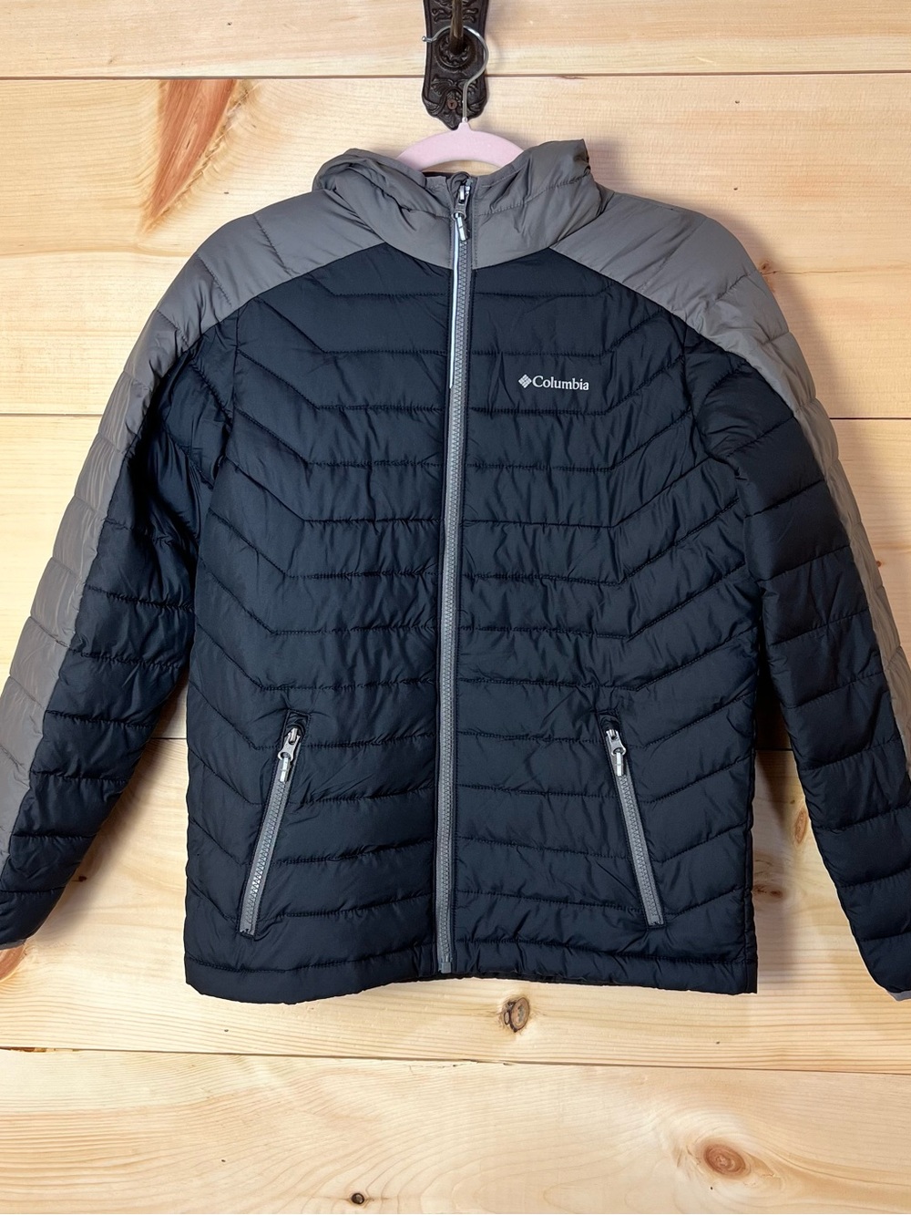 Columbia Kids L Black & Gray Hooded Puffer Jacket -Sporty Gorpcore Winter Warm
